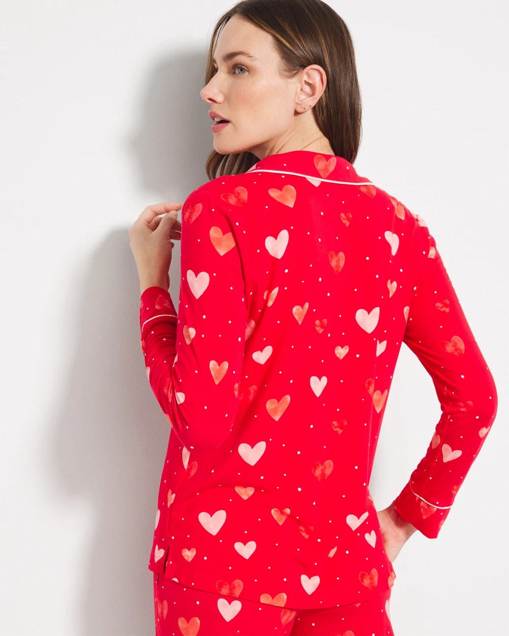 LOVELY HEART RED Long-Sleeve Printed Notch Collar Pajama Top