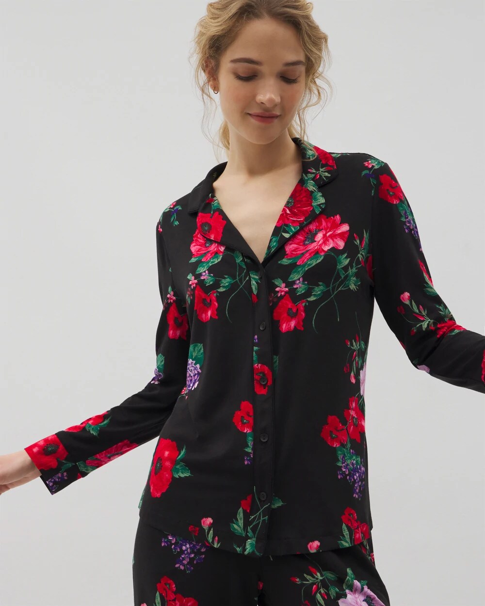 RHAPSODY FLORA BLACK Long-Sleeve Printed Notch Collar Pajama Top