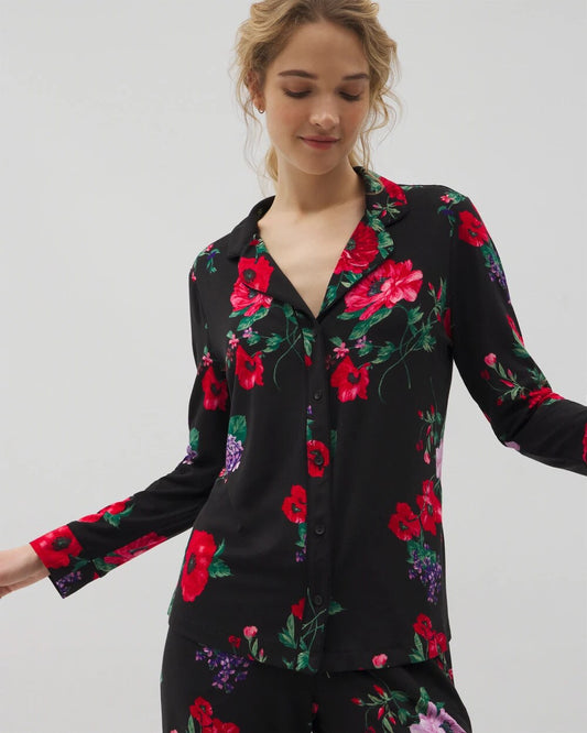 RHAPSODY FLORA BLACK Long-Sleeve Printed Notch Collar Pajama Top