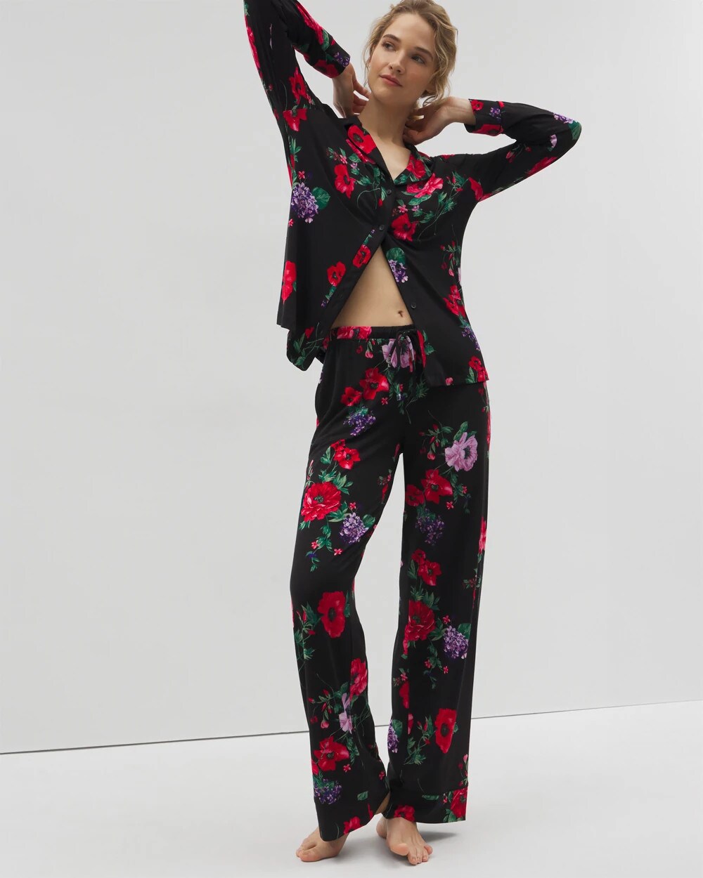 RHAPSODY FLORA BLACK Long-Sleeve Printed Notch Collar Pajama Top