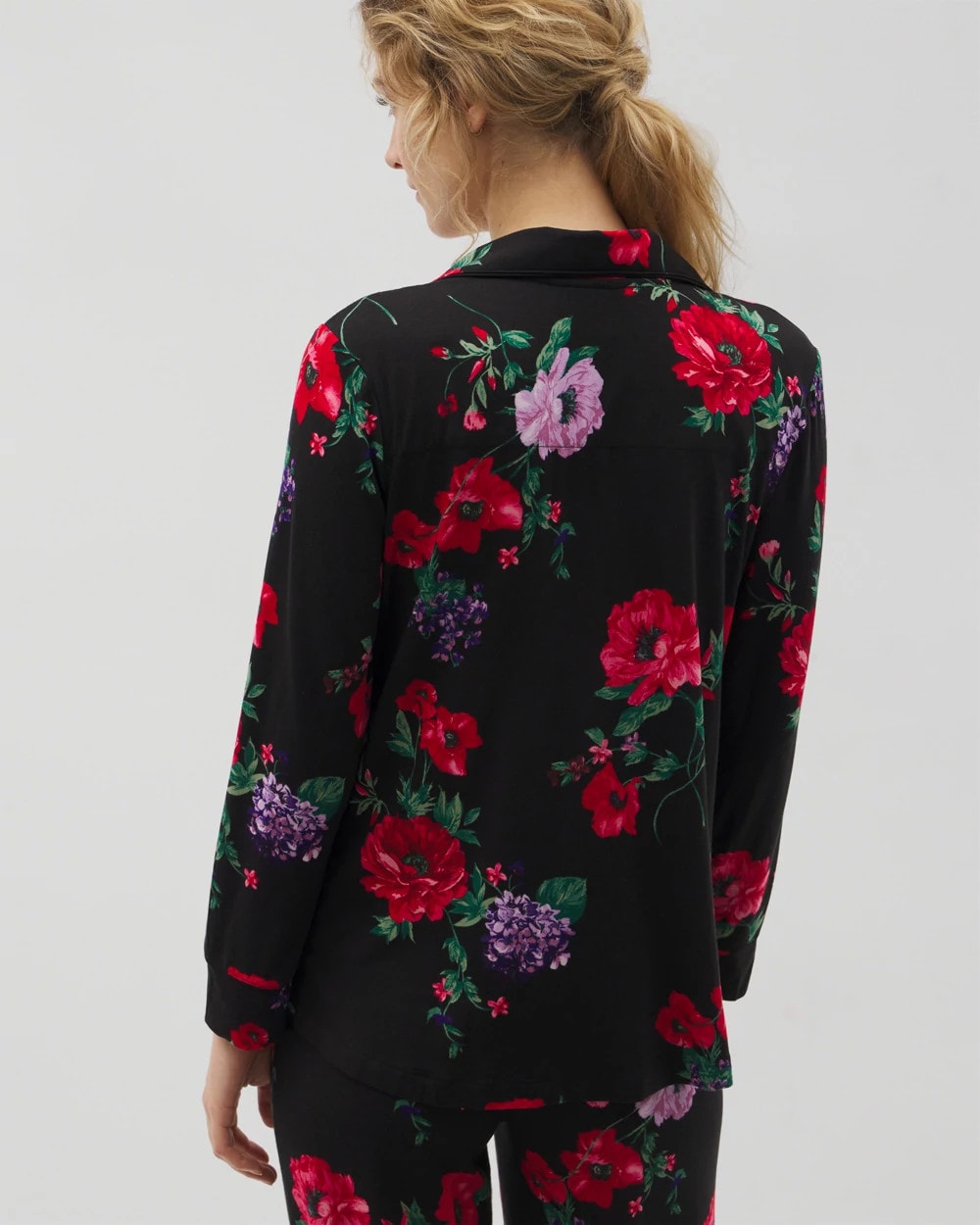 RHAPSODY FLORA BLACK Long-Sleeve Printed Notch Collar Pajama Top