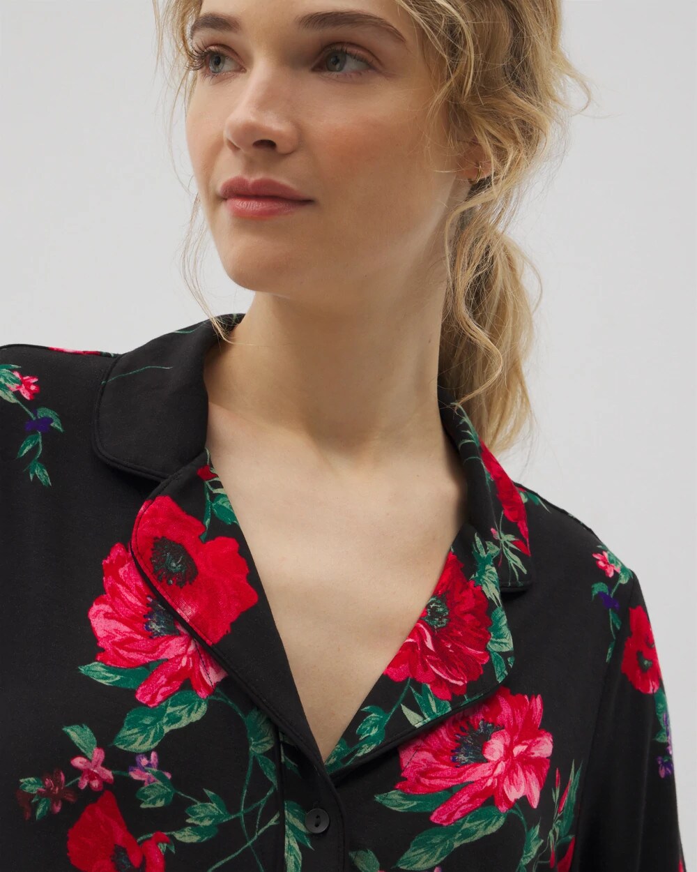 RHAPSODY FLORA BLACK Long-Sleeve Printed Notch Collar Pajama Top