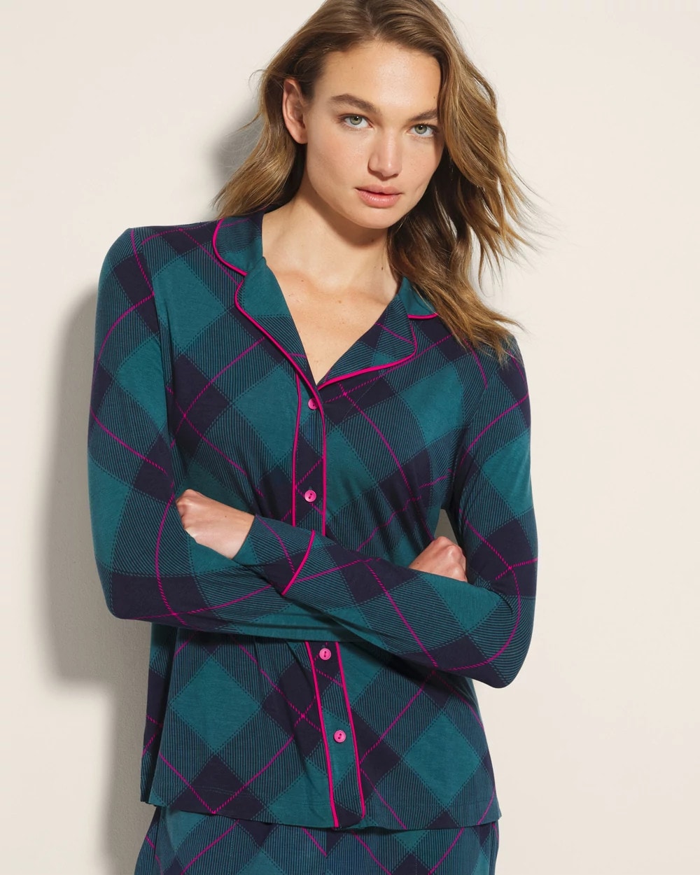 BUNDLE UP PLAID BIAS TEAL Long-Sleeve Printed Notch Collar Pajama Top