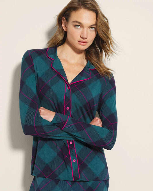 BUNDLE UP PLAID BIAS TEAL Long-Sleeve Printed Notch Collar Pajama Top
