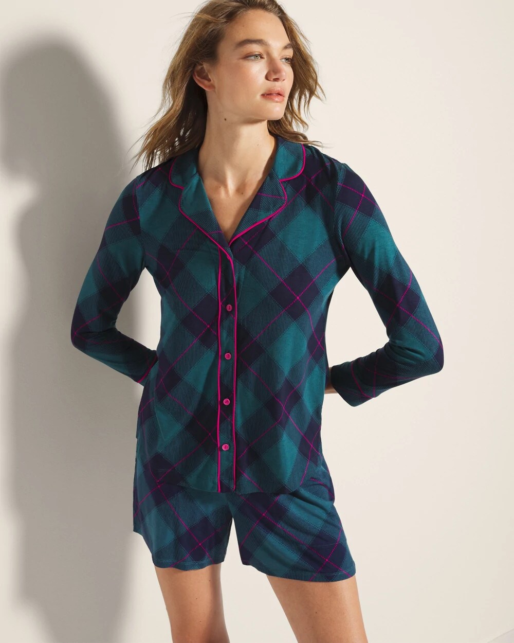 BUNDLE UP PLAID BIAS TEAL Long-Sleeve Printed Notch Collar Pajama Top