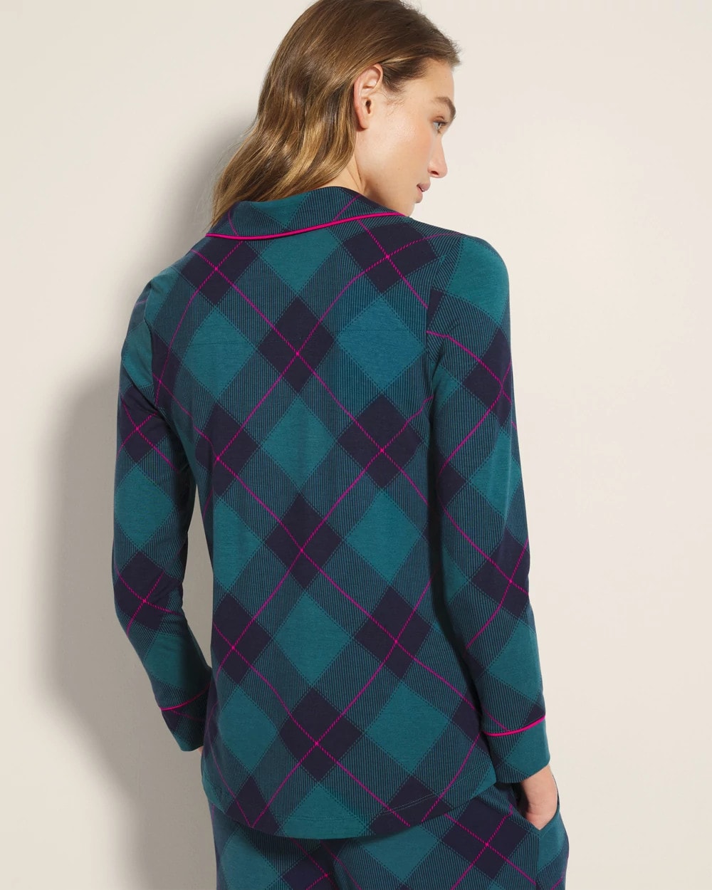 BUNDLE UP PLAID BIAS TEAL Long-Sleeve Printed Notch Collar Pajama Top