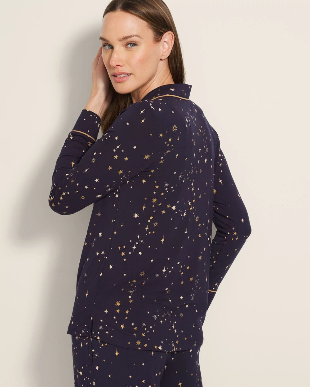 READY TO GLOW NAVY Long-Sleeve Printed Notch Collar Pajama Top
