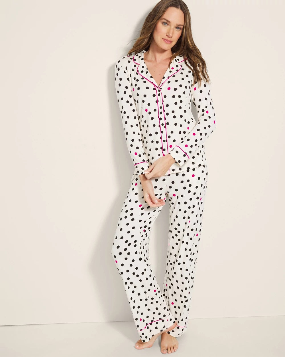 FANCIFUL DOT CHAMPAGNE Long-Sleeve Printed Notch Collar Pajama Top