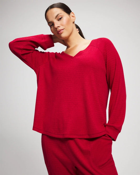PAINT THE TOWN RED Cozy Waffle Long Sleeve V-Neck Pajama Top