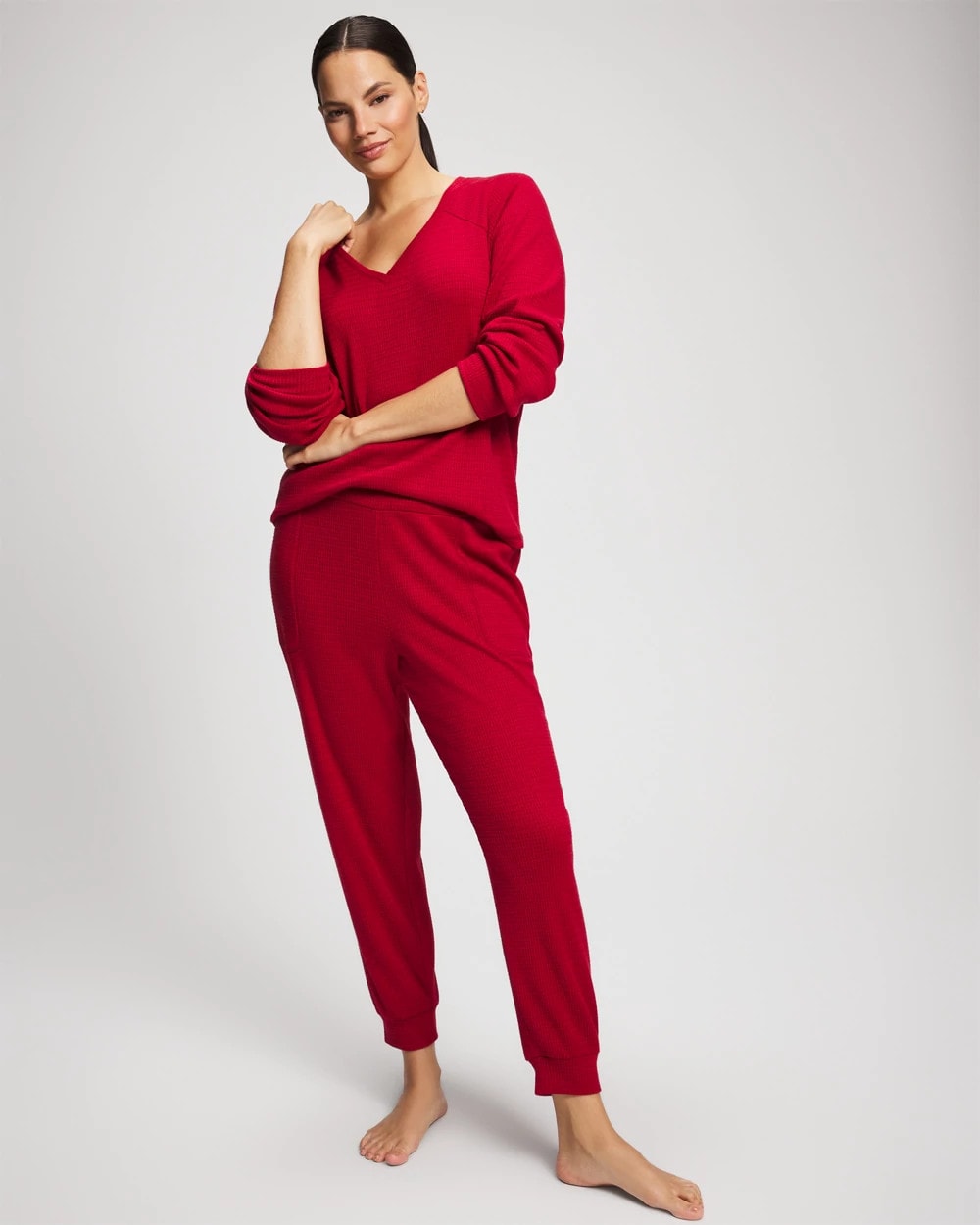 PAINT THE TOWN RED Cozy Waffle Long Sleeve V-Neck Pajama Top