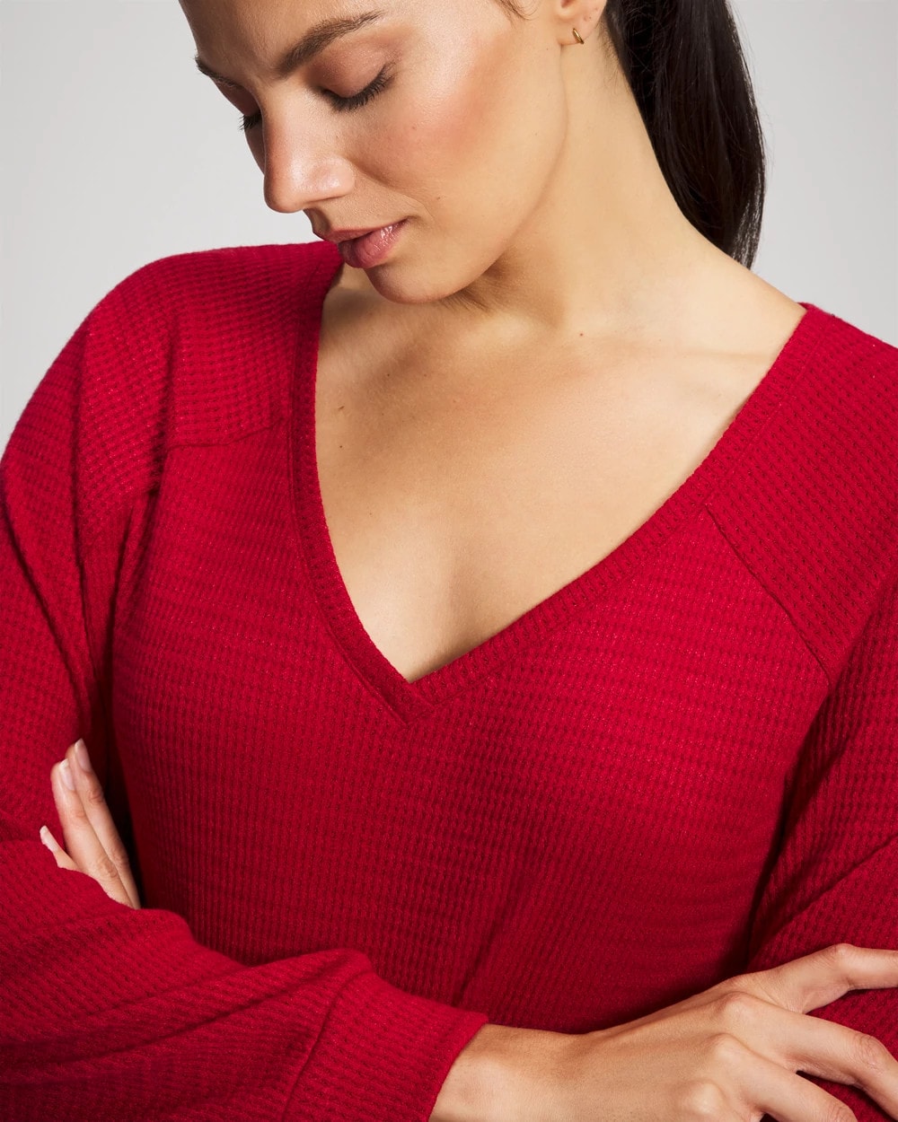 PAINT THE TOWN RED Cozy Waffle Long Sleeve V-Neck Pajama Top
