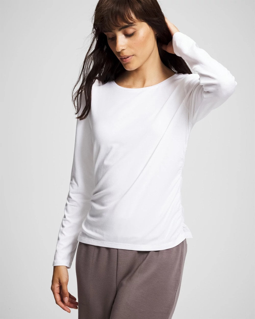 OPTIC WHITE Ruched Long Sleeve Pajama Tee