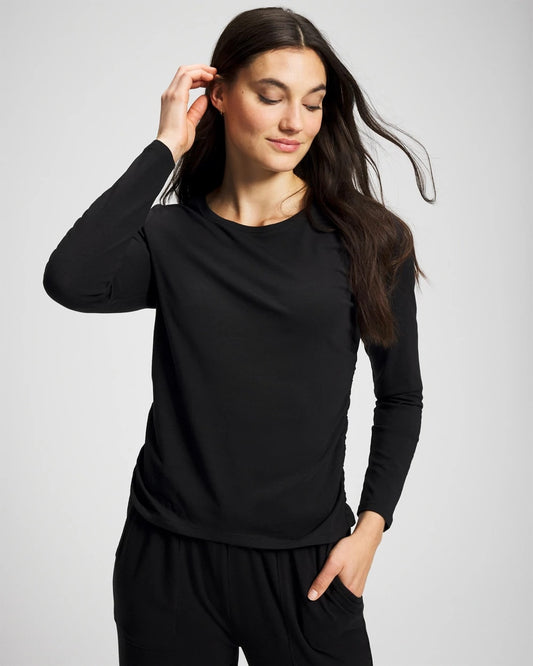 BLACK Ruched Long Sleeve Pajama Tee