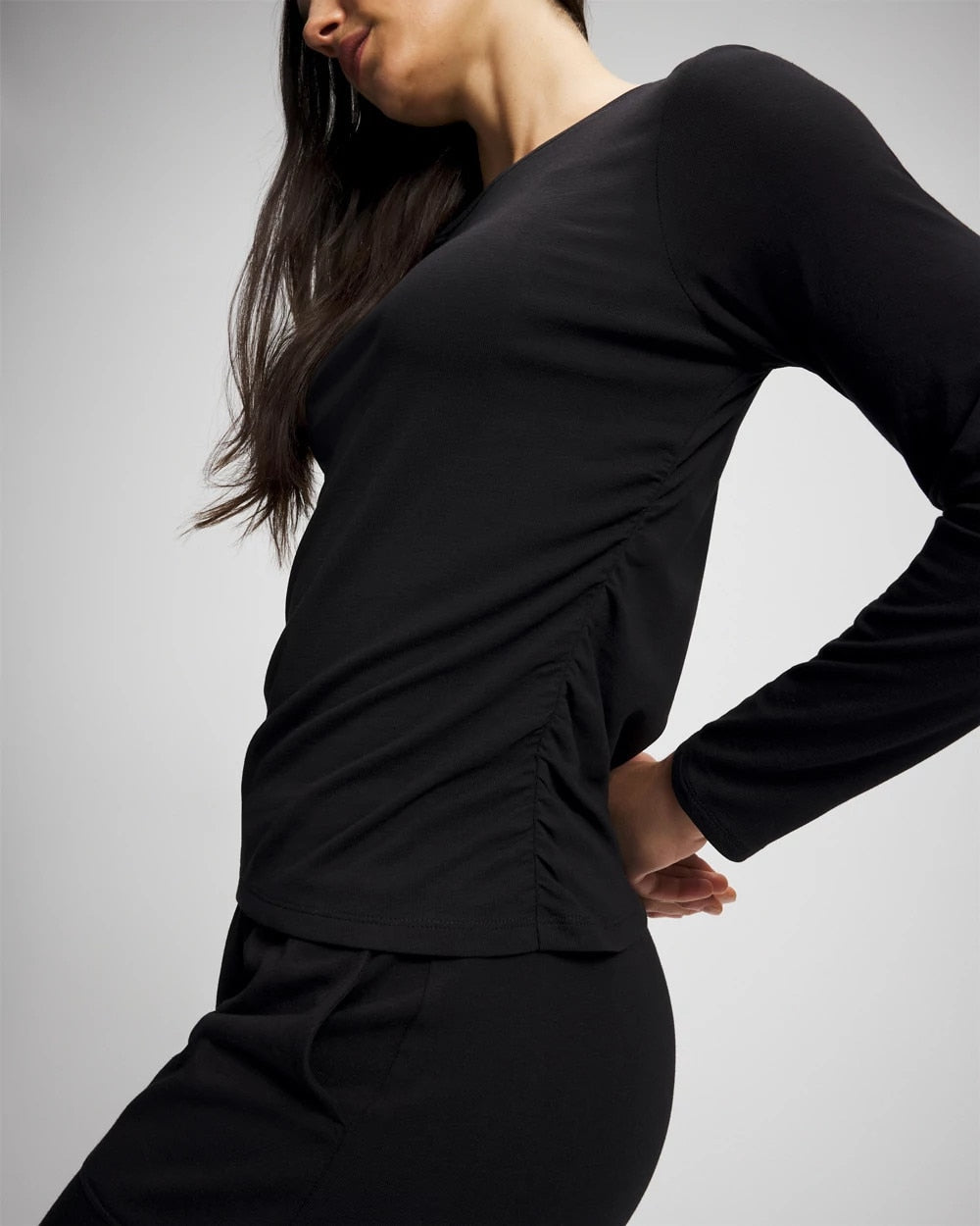 BLACK Ruched Long Sleeve Pajama Tee