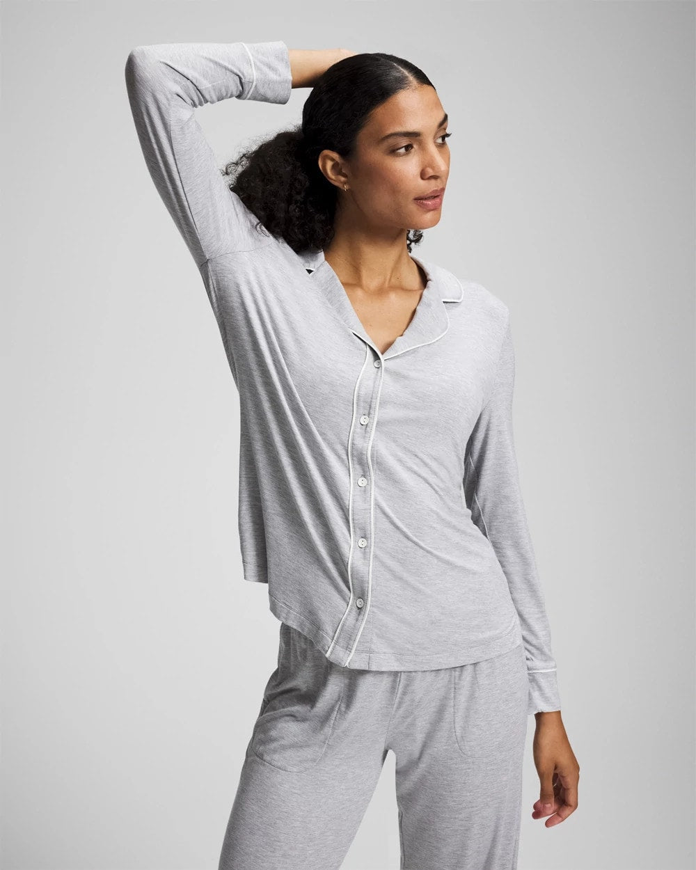 HEATHER OPAL GRAY Long-Sleeve Notch Collar Pajama Top