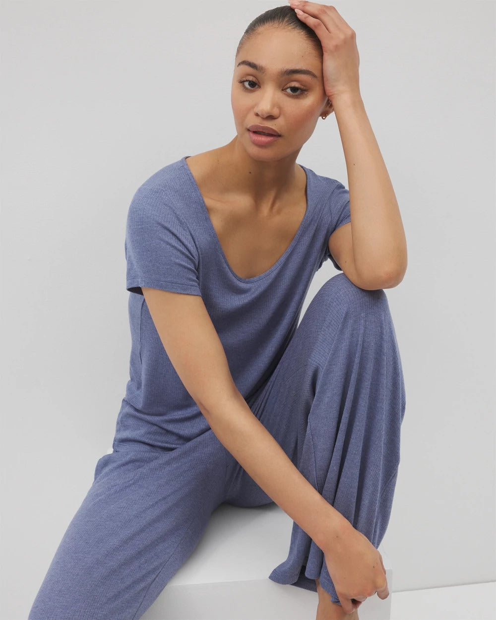 HEATHER DUSK Lightweight Rib Knit Short Sleeve Pajama Tee