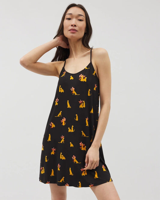 FELINE FUN MID BLK Strappy Sleepshirt