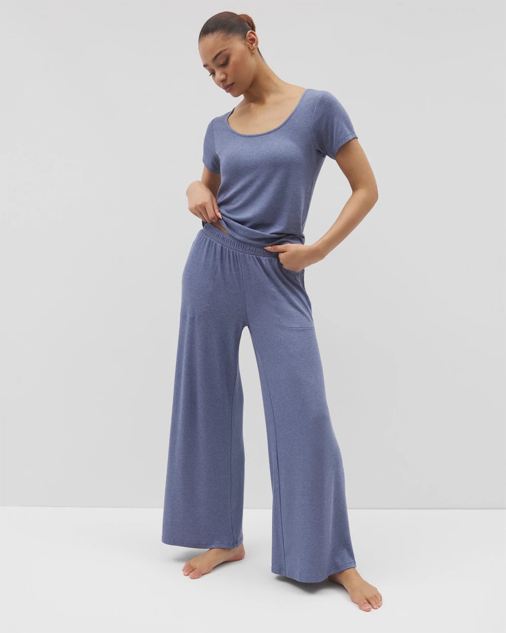 HEATHER DUSK Lightweight Rib Knit Wide Leg Pajama Pants