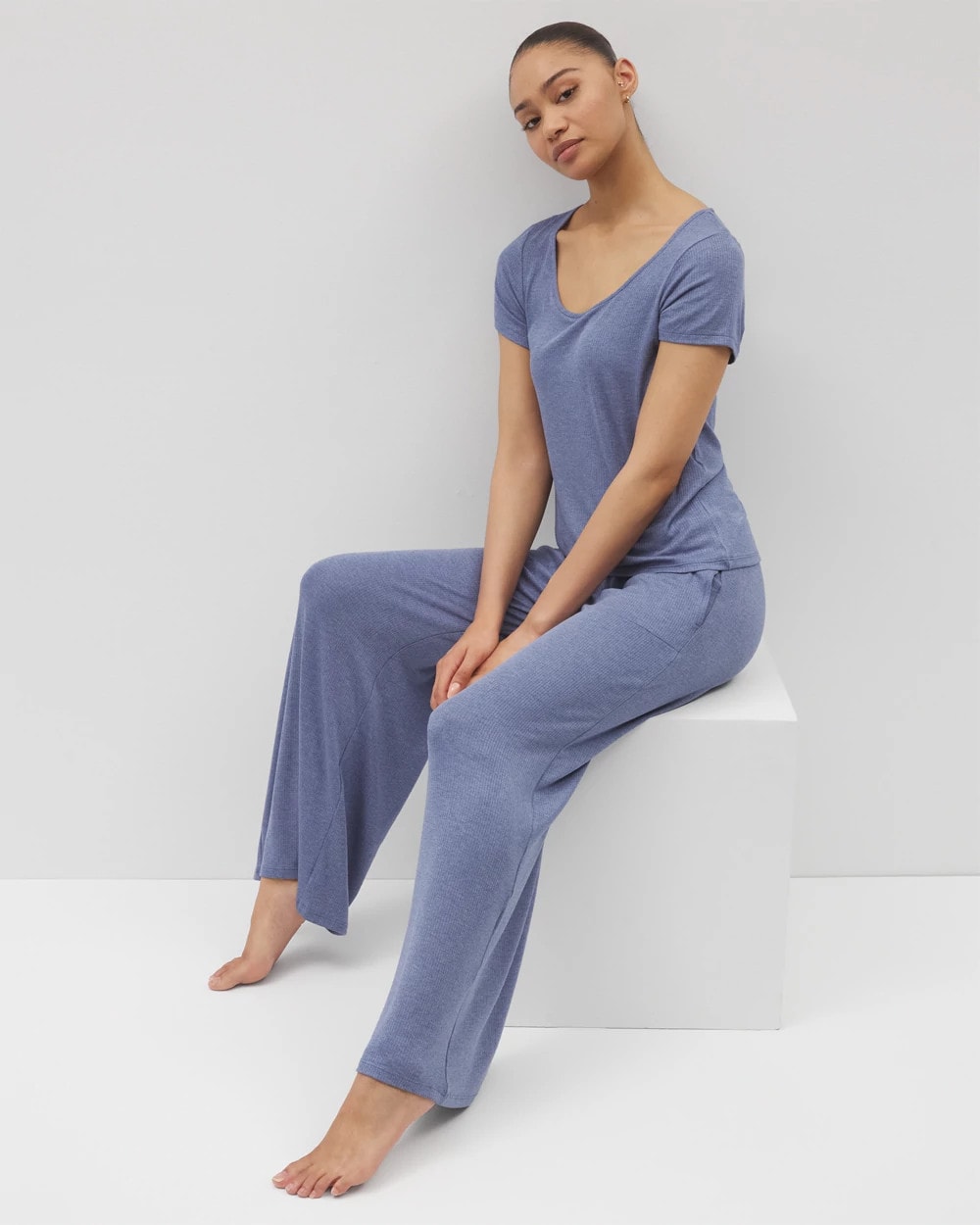 HEATHER DUSK Lightweight Rib Knit Wide Leg Pajama Pants
