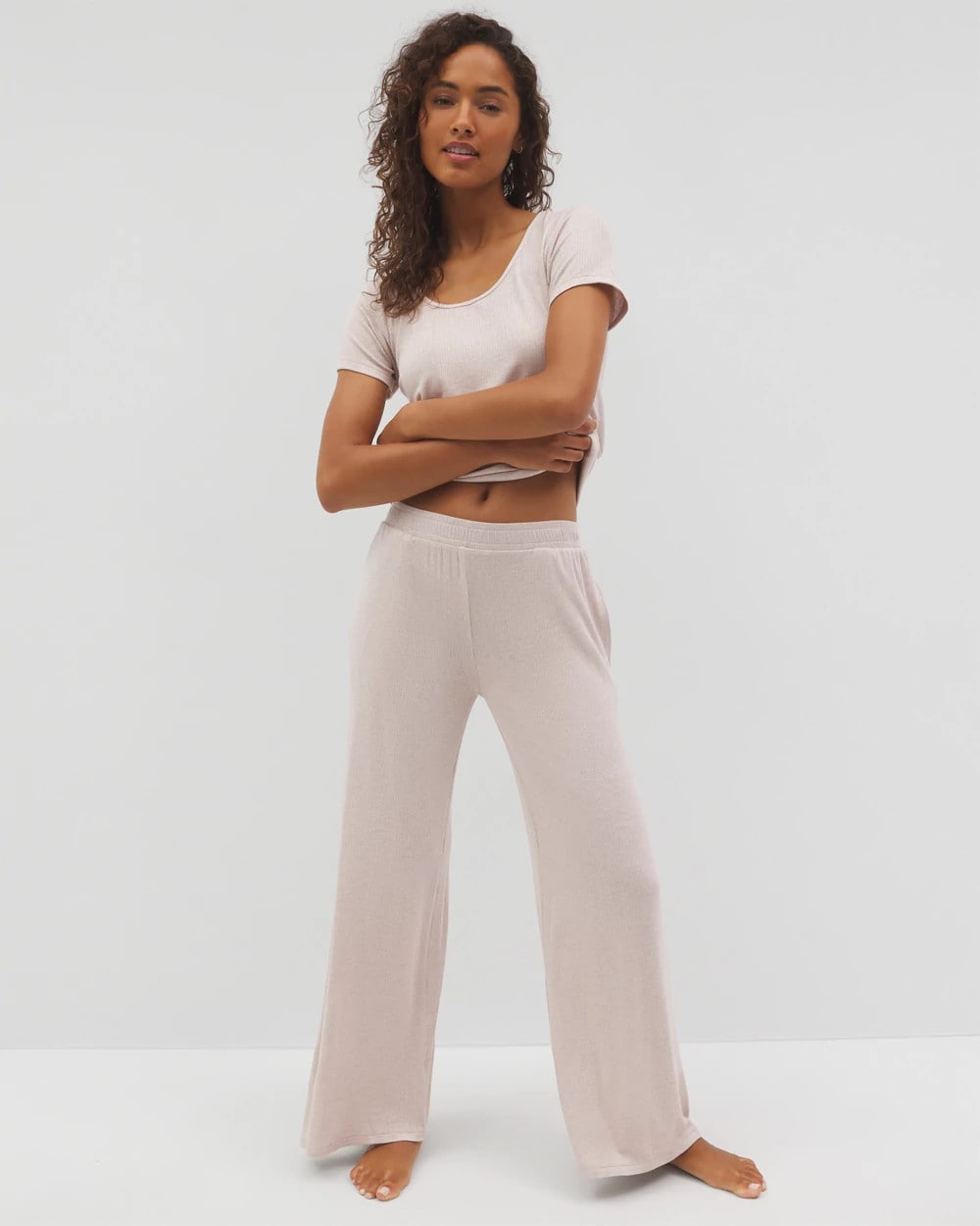 HEATHER BARELY THERE Lightweight Rib Knit Wide Leg Pajama Pants