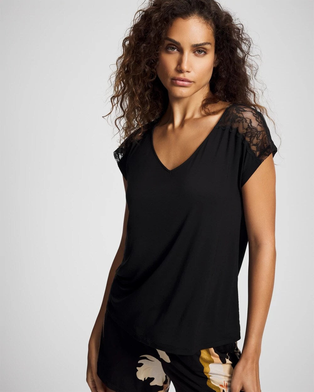 BLACK Short Sleeve Lace Pajama Tee
