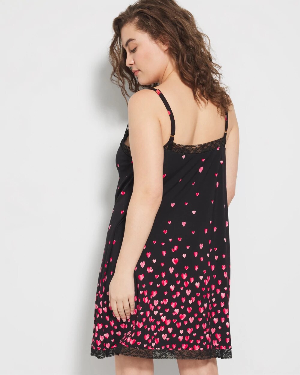 FLOATING HEARTS BDR BLK R Lace Trim Chemise