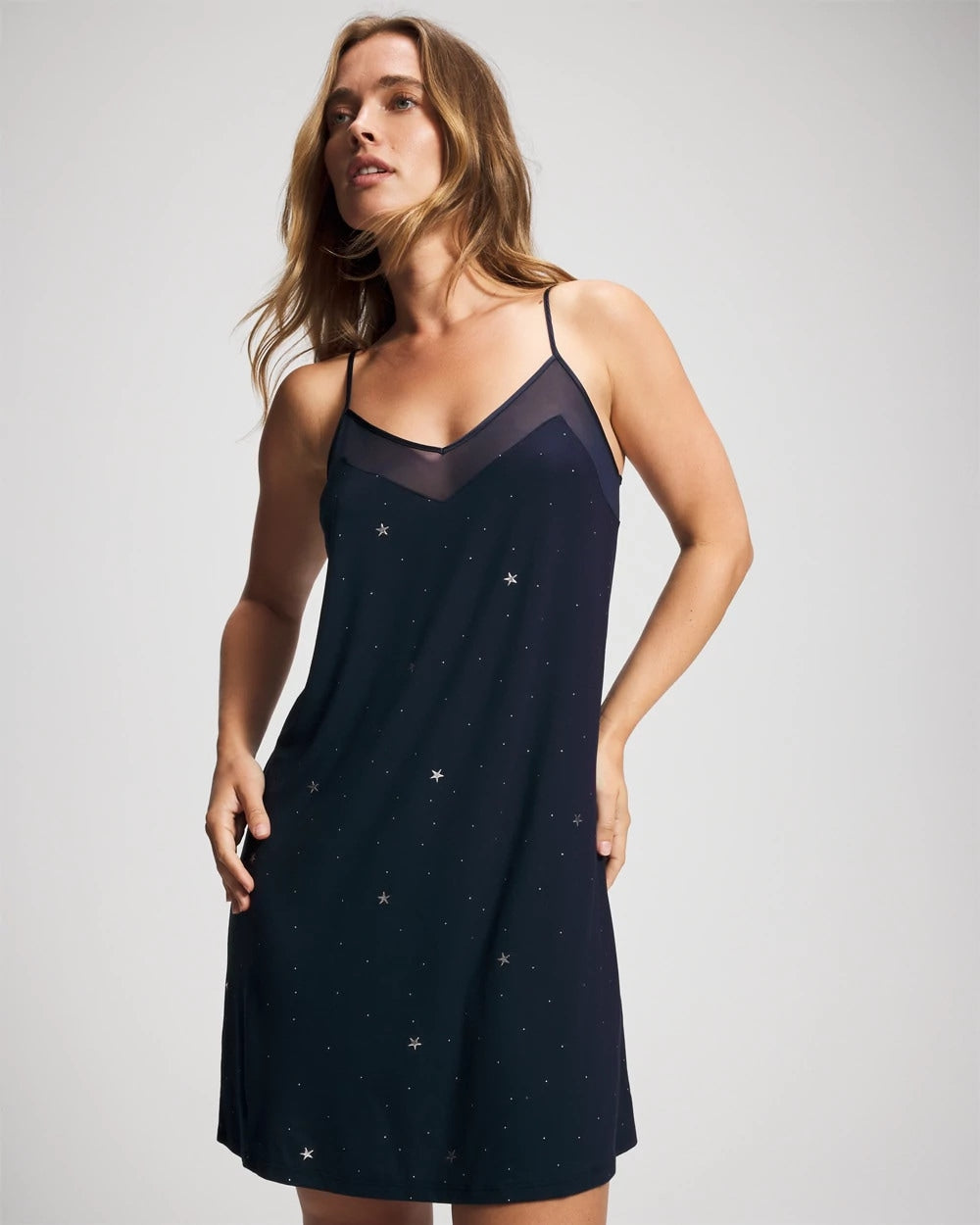 SILVER DEW DROP/NAVY Mesh Trim Chemise