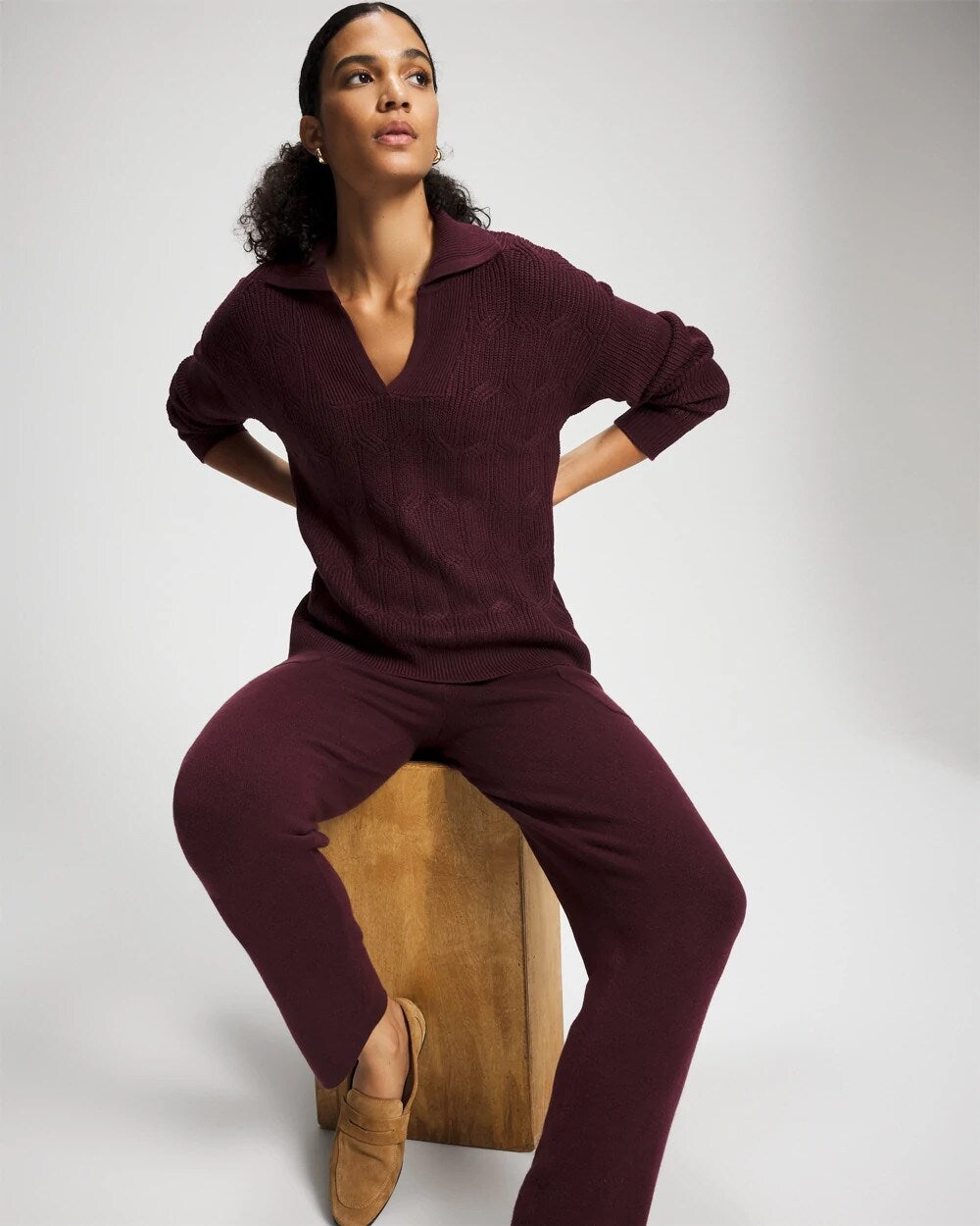 MERLOT Premier Knit Cable Knit Collared Sweater
