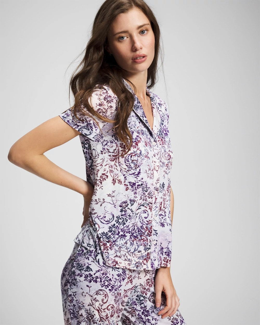 LACE HARMONY LILAC Piped Short Sleeve Notch Collar Pajama Top