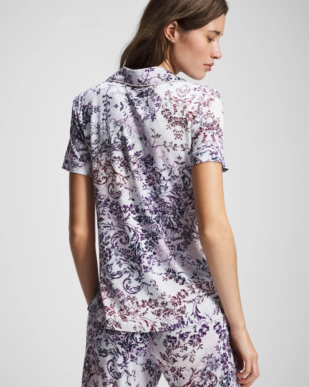 LACE HARMONY LILAC Piped Short Sleeve Notch Collar Pajama Top