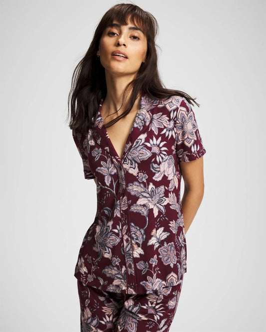 PAISLEY SPLENDOR PLUM Piped Short Sleeve Notch Collar Pajama Top