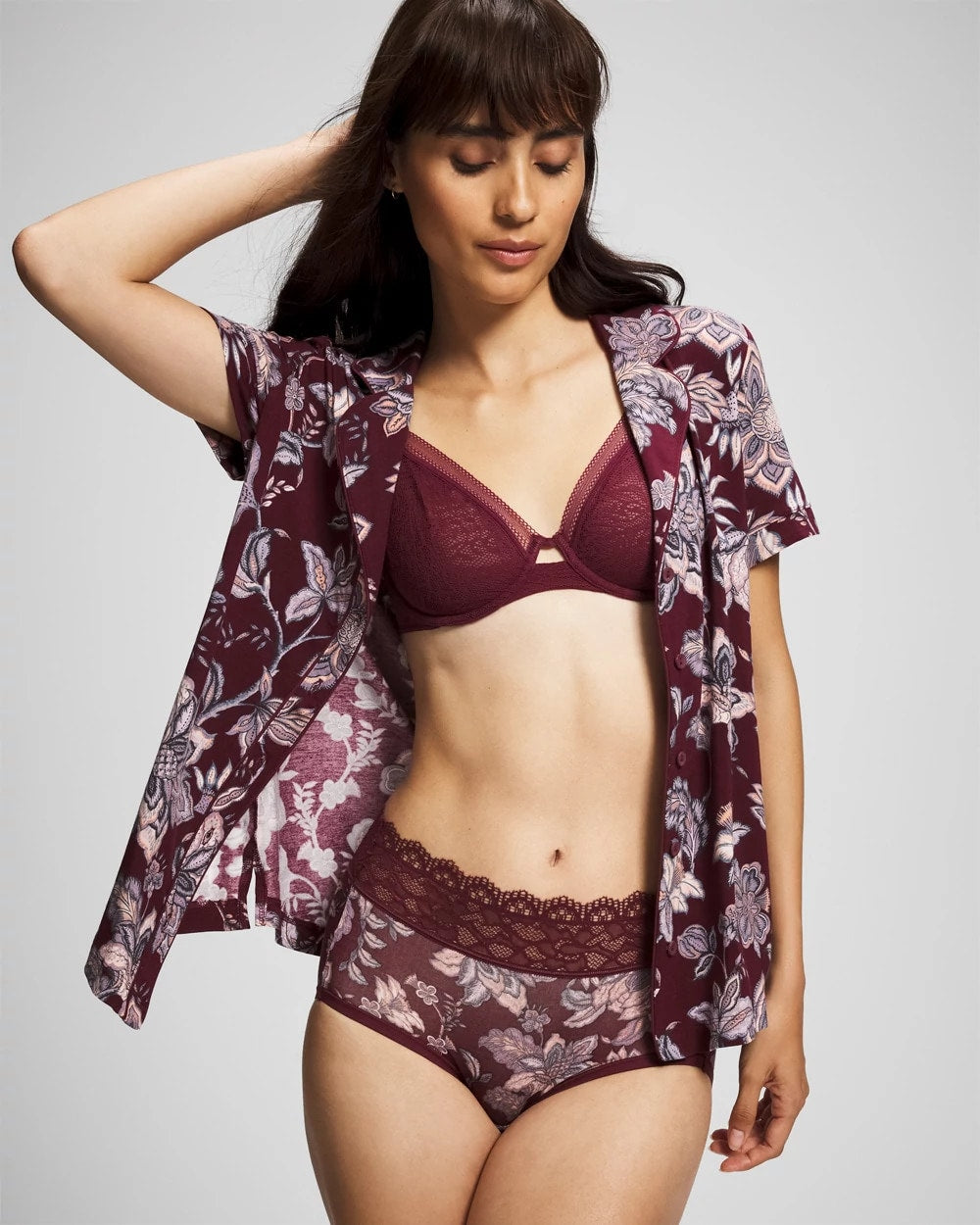 PAISLEY SPLENDOR PLUM Piped Short Sleeve Notch Collar Pajama Top