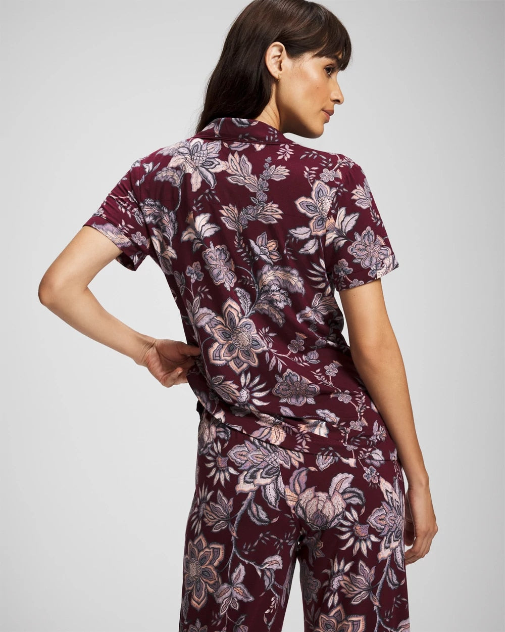 PAISLEY SPLENDOR PLUM Piped Short Sleeve Notch Collar Pajama Top