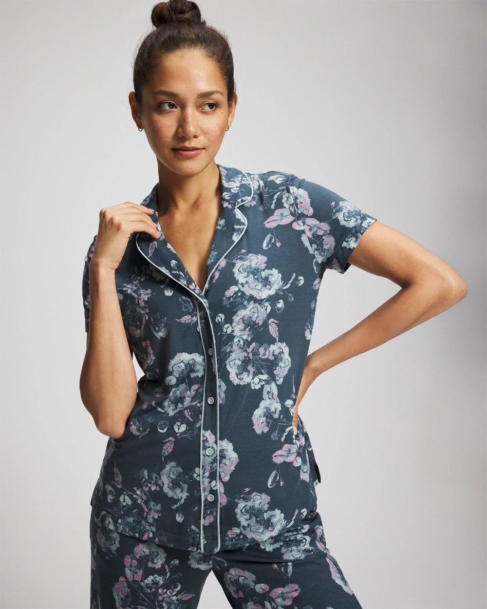 FLORA SHIMMER PETROL Piped Short Sleeve Notch Collar Pajama Top
