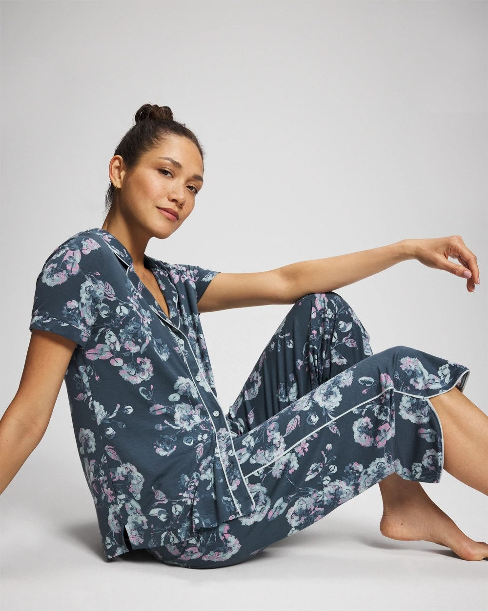 FLORA SHIMMER PETROL Piped Short Sleeve Notch Collar Pajama Top