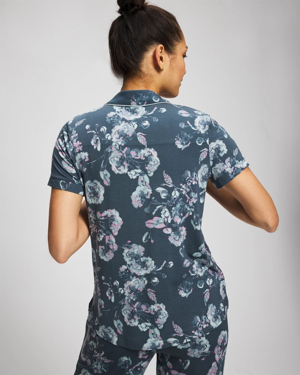 FLORA SHIMMER PETROL Piped Short Sleeve Notch Collar Pajama Top