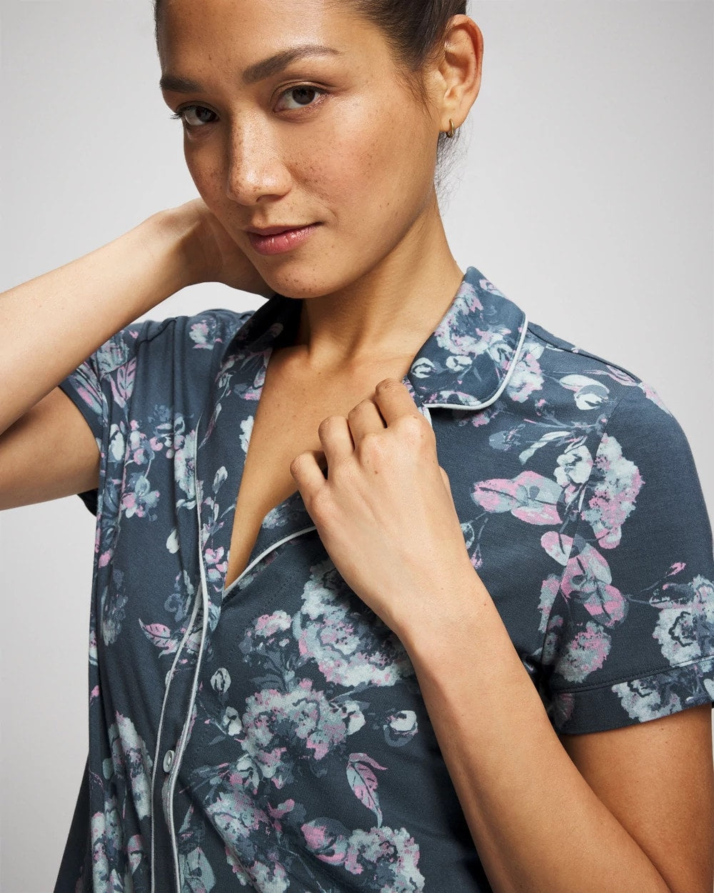 FLORA SHIMMER PETROL Piped Short Sleeve Notch Collar Pajama Top