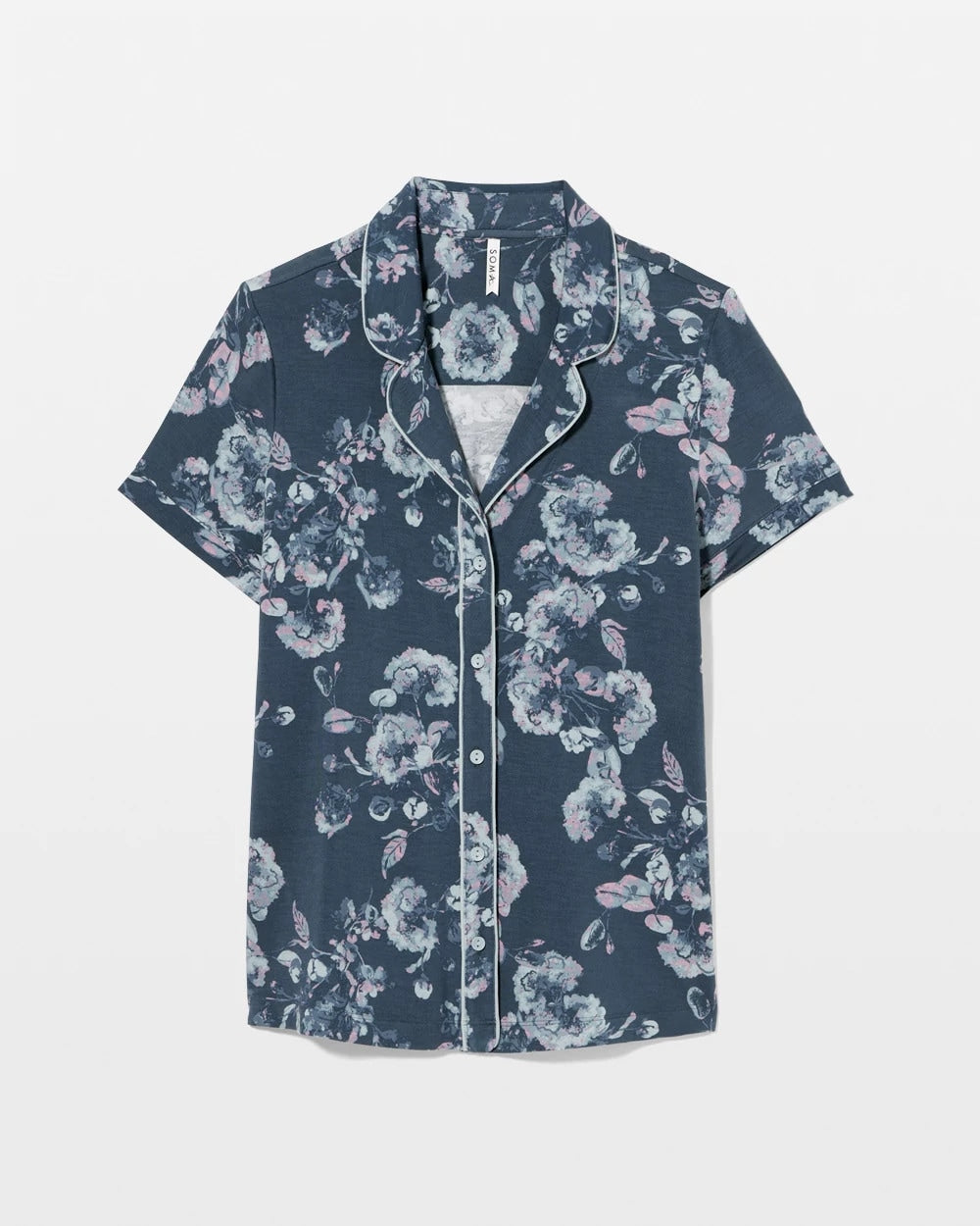 FLORA SHIMMER PETROL Piped Short Sleeve Notch Collar Pajama Top