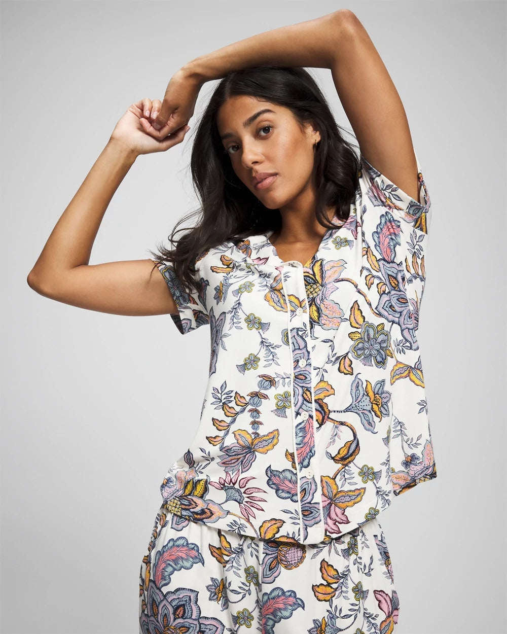 PAISLEY SPLENDOR CHAMP Piped Short Sleeve Notch Collar Pajama Top
