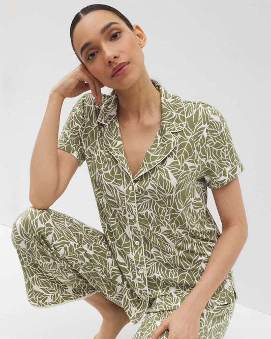 PALMTASTIC VETIVER/CHAMP Piped Short Sleeve Notch Collar Pajama Top