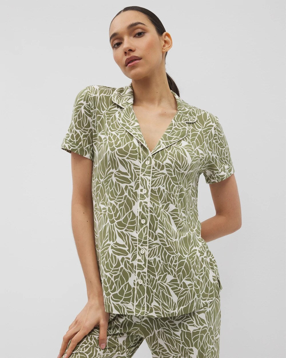 PALMTASTIC VETIVER/CHAMP Piped Short Sleeve Notch Collar Pajama Top