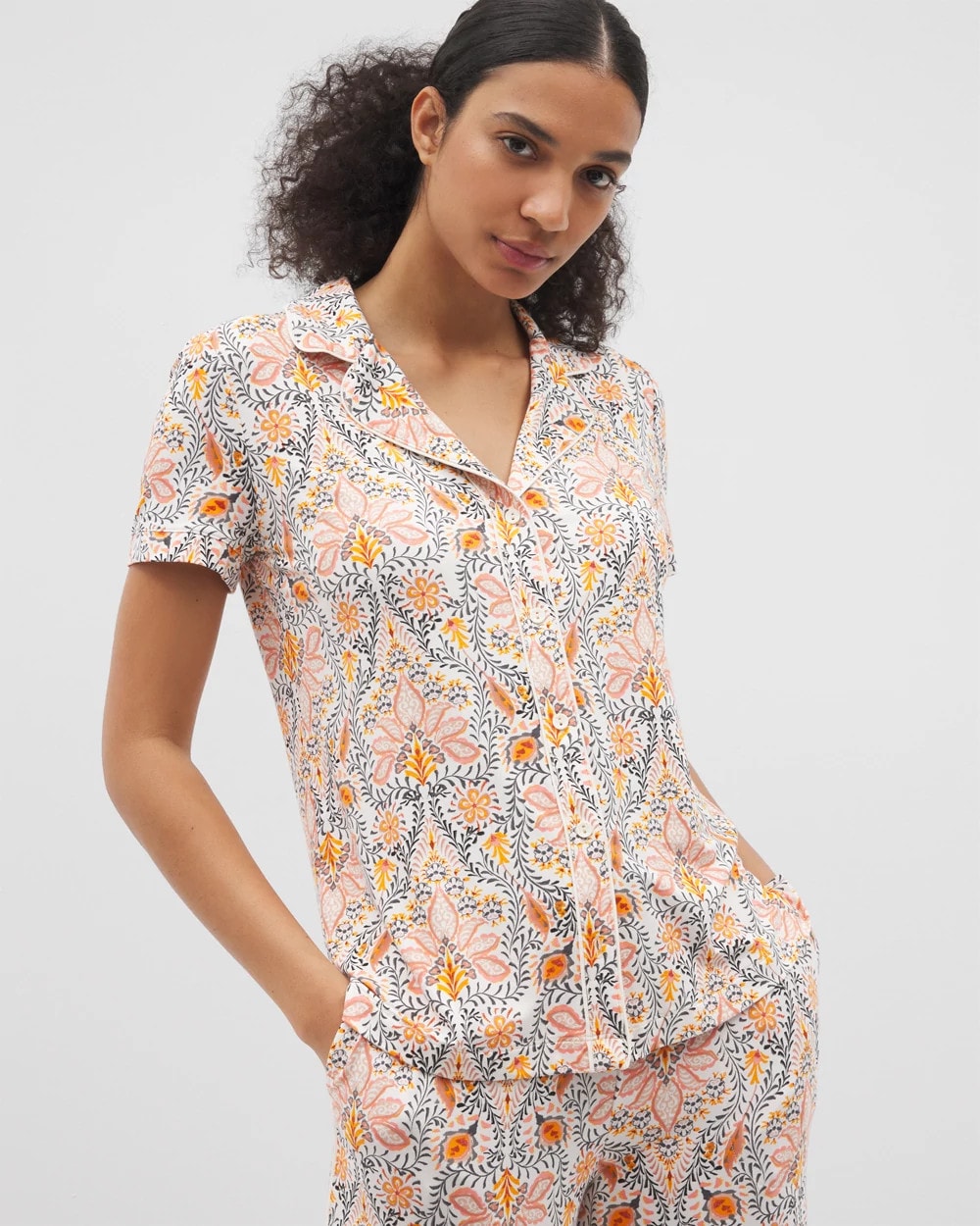 VINE PAISLEY CHAMPAGNE M Piped Short Sleeve Notch Collar Pajama Top