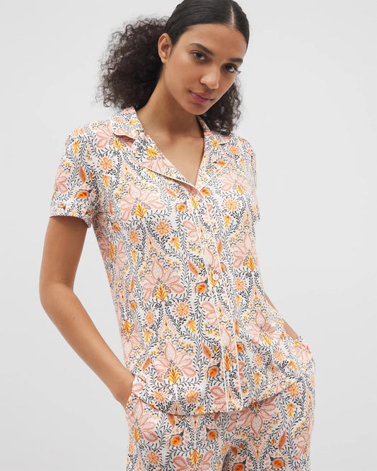 VINE PAISLEY CHAMPAGNE M Piped Short Sleeve Notch Collar Pajama Top