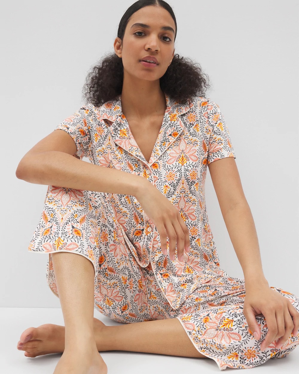 VINE PAISLEY CHAMPAGNE M Piped Short Sleeve Notch Collar Pajama Top