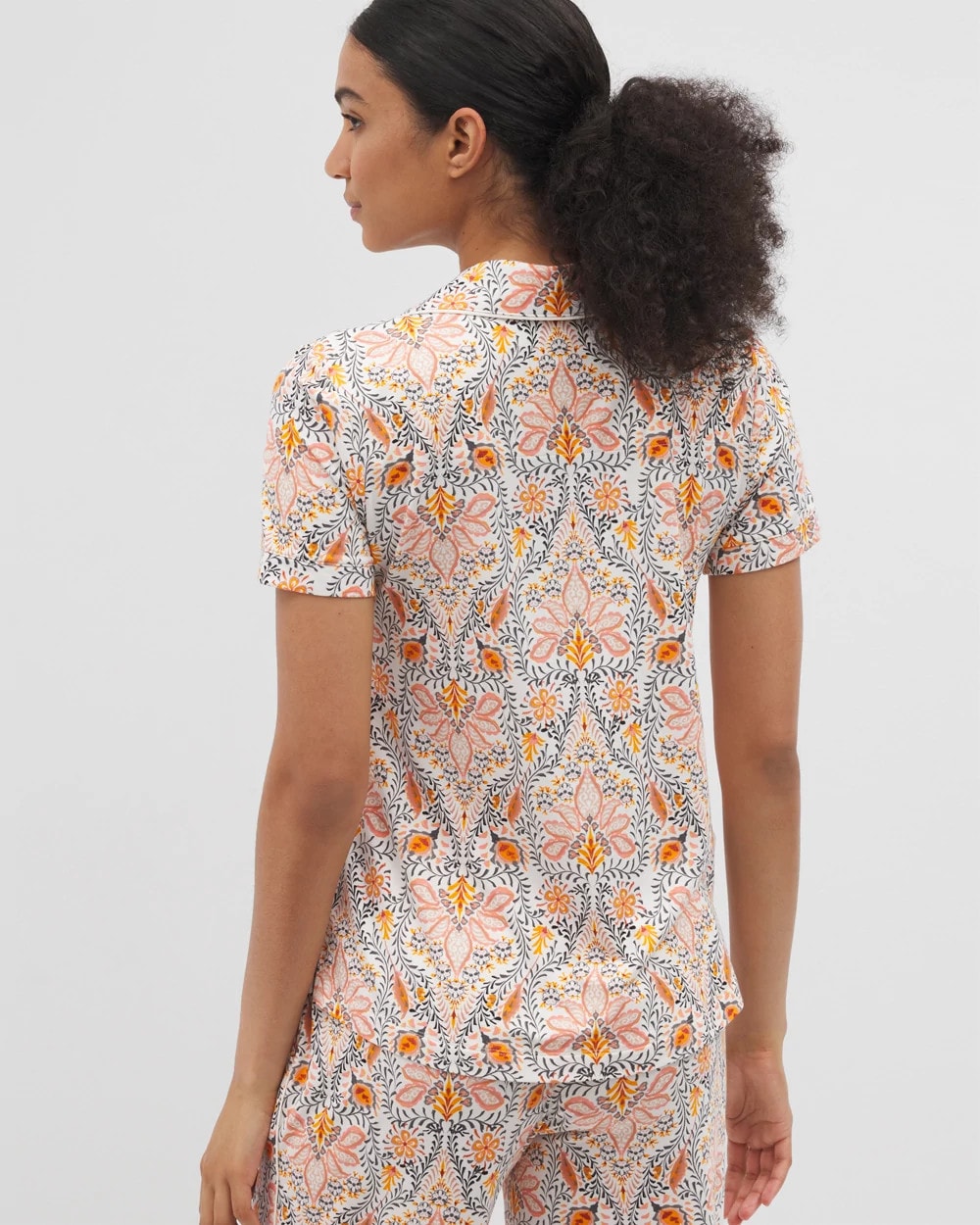 VINE PAISLEY CHAMPAGNE M Piped Short Sleeve Notch Collar Pajama Top