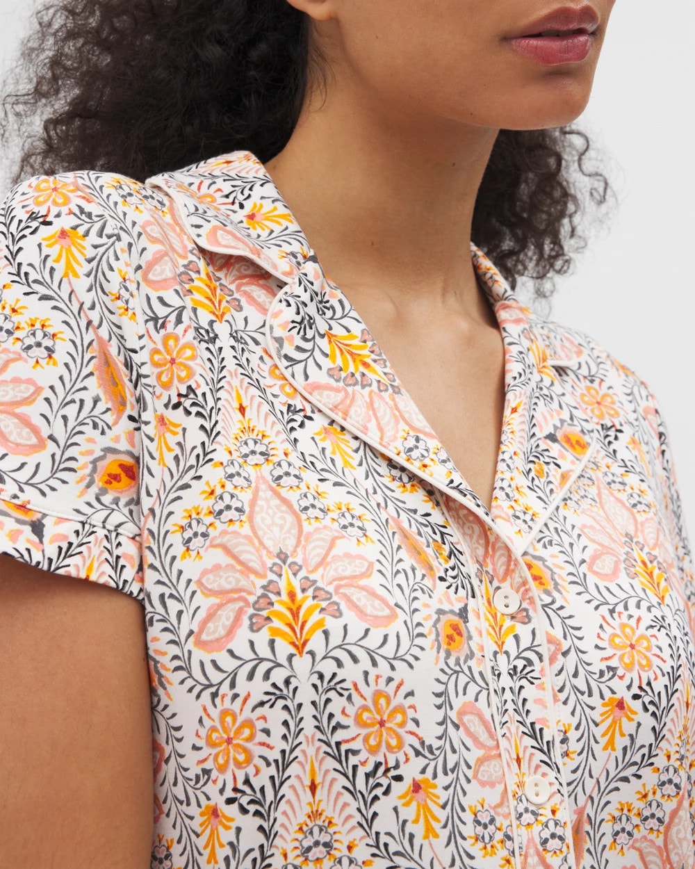 VINE PAISLEY CHAMPAGNE M Piped Short Sleeve Notch Collar Pajama Top
