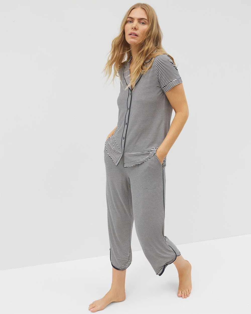 NIGHTCAP STRIPE NAVY Piped Short Sleeve Notch Collar Pajama Top