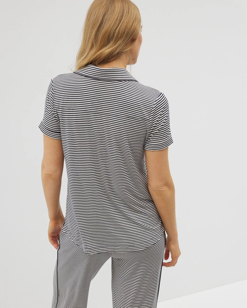 NIGHTCAP STRIPE NAVY Piped Short Sleeve Notch Collar Pajama Top