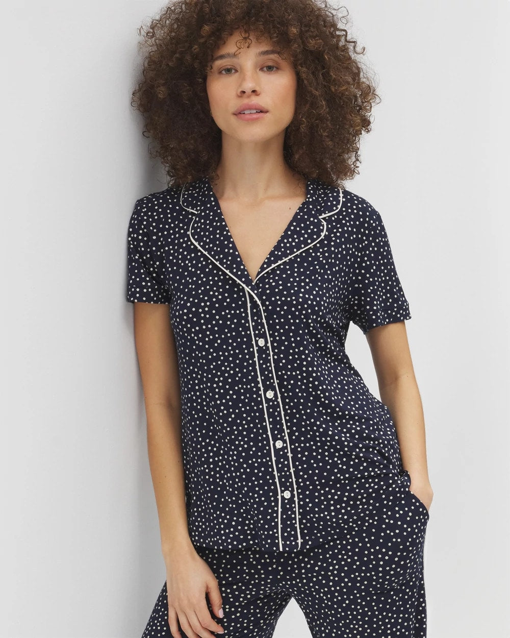 DOT OBSESSED NAVY Piped Short Sleeve Notch Collar Pajama Top