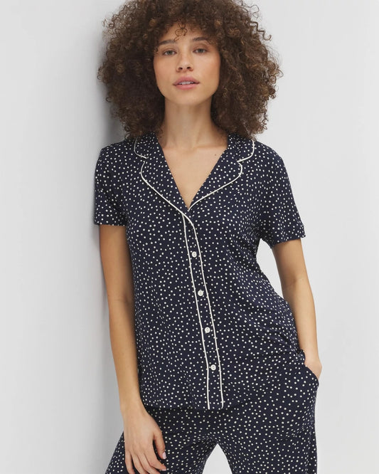 DOT OBSESSED NAVY Piped Short Sleeve Notch Collar Pajama Top